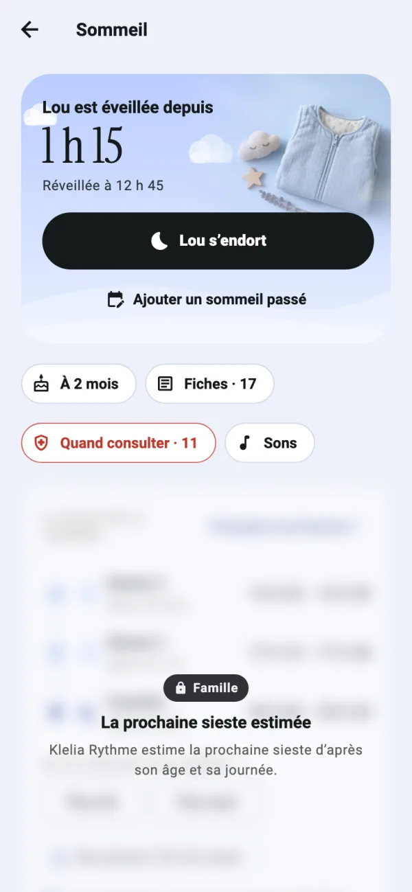 Sommeil : éveillée depuis 1 h 15, et la prochaine sieste estimée avec Klelia Famille