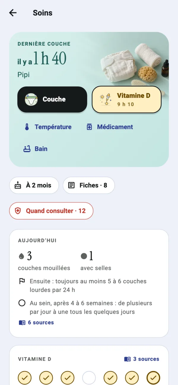 Soins : couches, vitamine D, température et médicaments