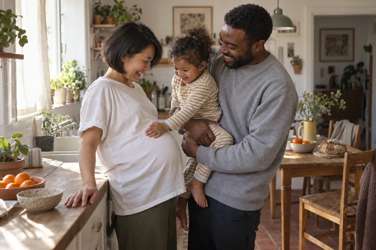 Dans la cuisine, un couple qui attend un deuxième bébé rit avec sa fille de 2 ans, dans les bras de son père.