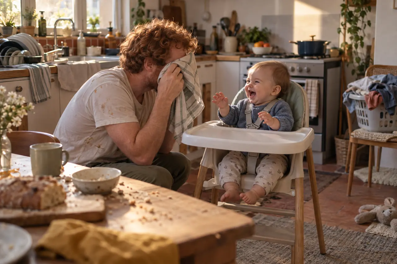 Dans une cuisine en désordre, un père fait rire son bébé de 7 mois.