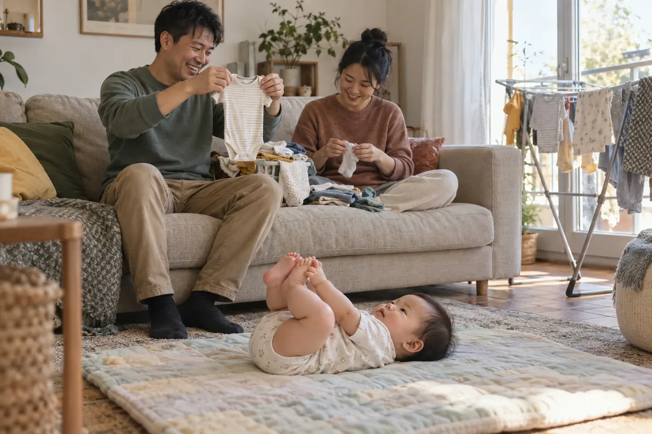 Un couple plie le linge ensemble, leur bébé sur un tapis au sol.