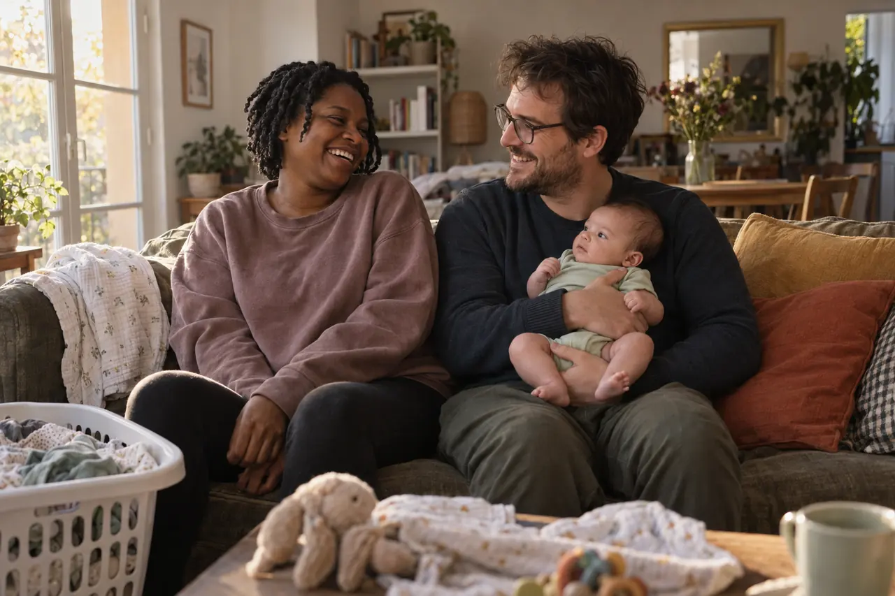 Sur le canapé, un couple fatigué mais complice rit, le père tient leur bébé de 2 mois.