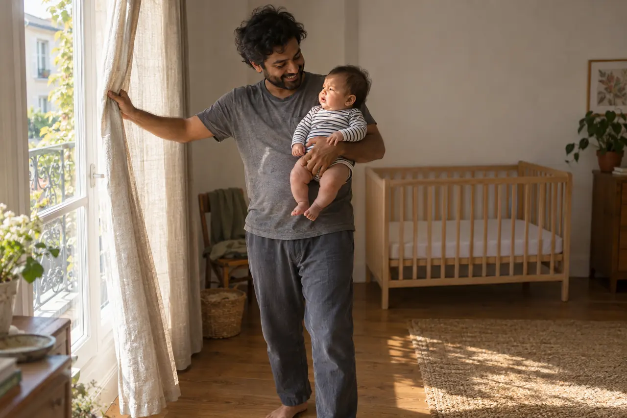 Le matin, un père ouvre les rideaux, son bébé de 5 mois éveillé dans les bras ; au fond, un lit à barreaux vide.