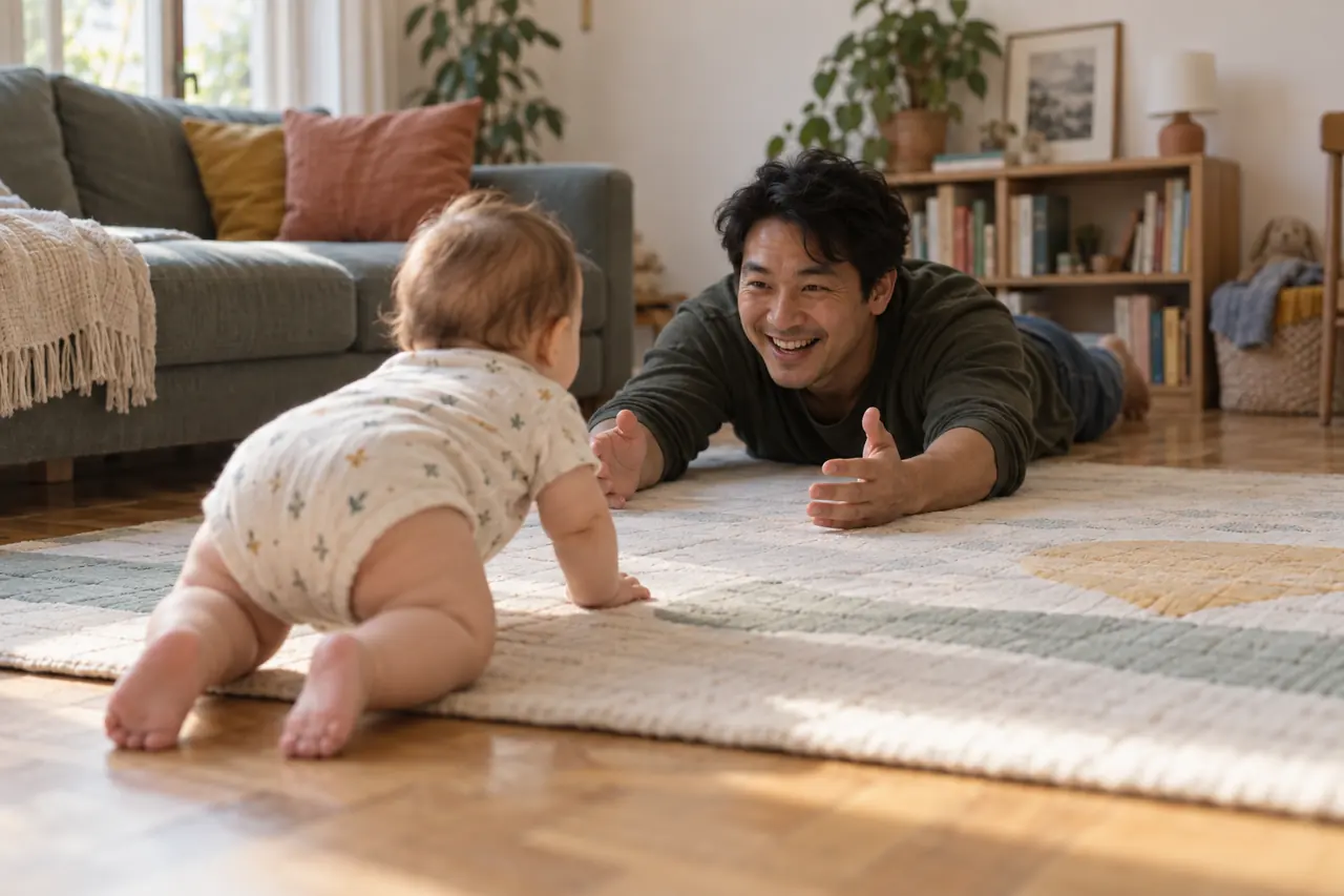 Un bébé de 8 mois avance à quatre pattes sur le parquet vers son père, allongé au sol.