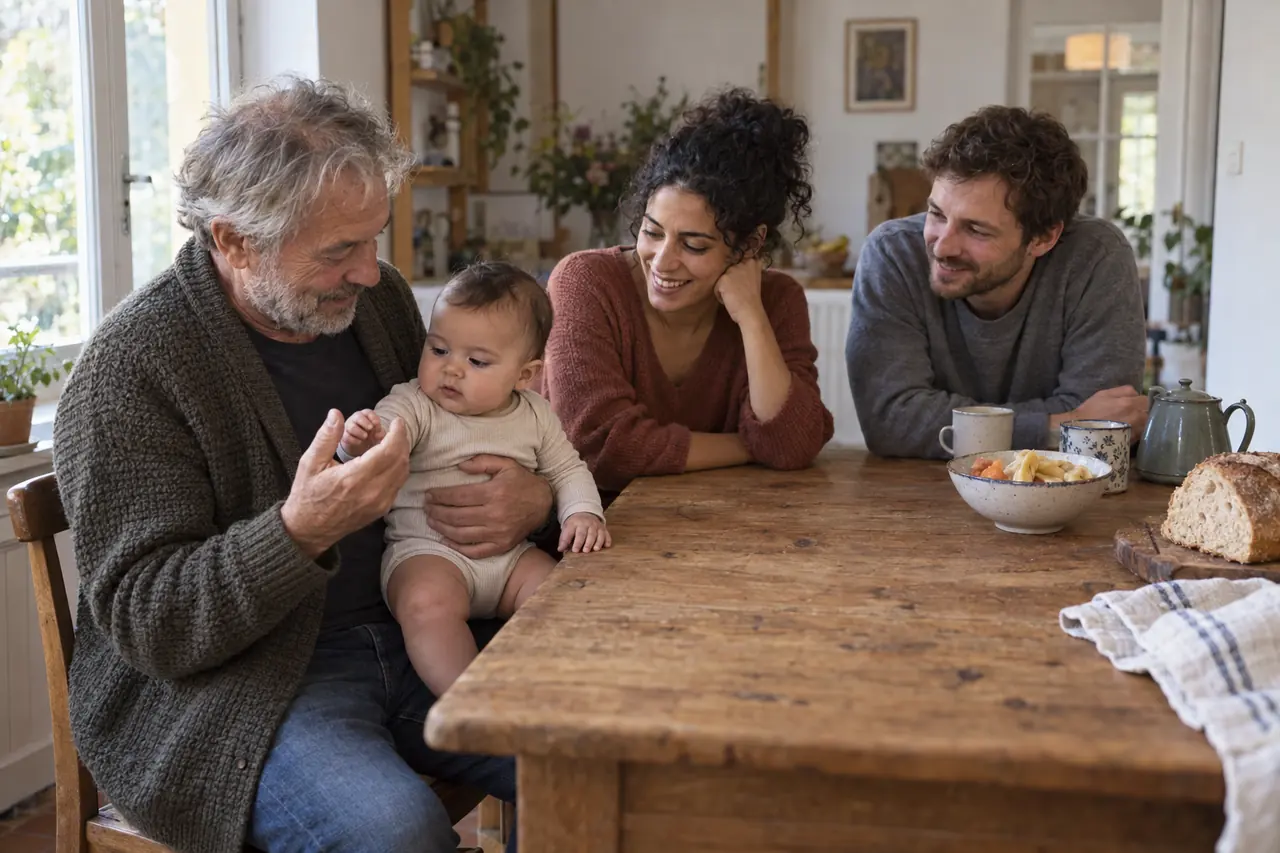 Trois générations autour de la table de la cuisine : un grand-père tient un bébé sur ses genoux, les parents à côté.