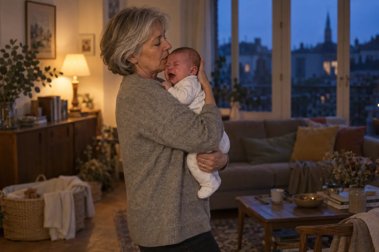 Le soir, une grand-mère berce en marchant un bébé de 6 semaines contre son épaule.