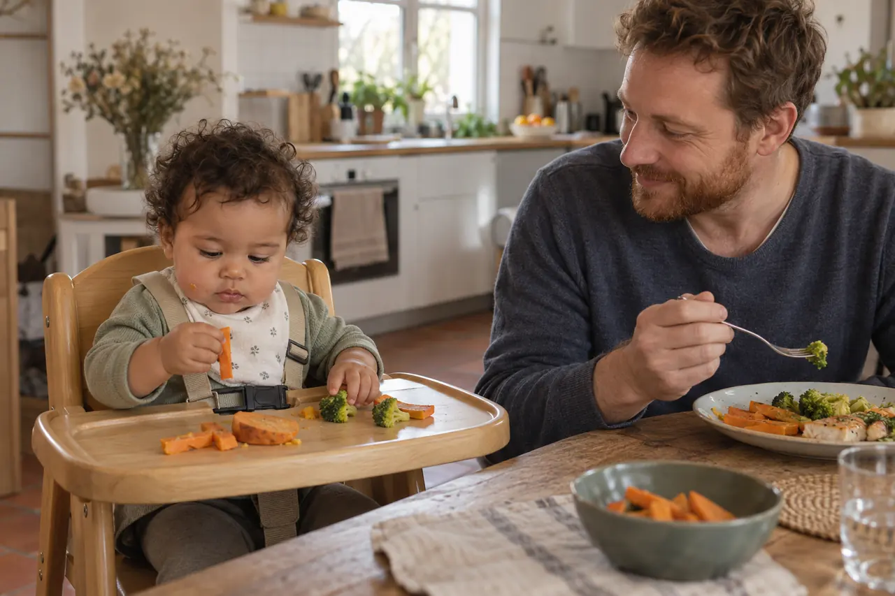 Un bébé de 10 mois assis dans sa chaise haute attrape des morceaux fondants avec les doigts, son père assis à côté.