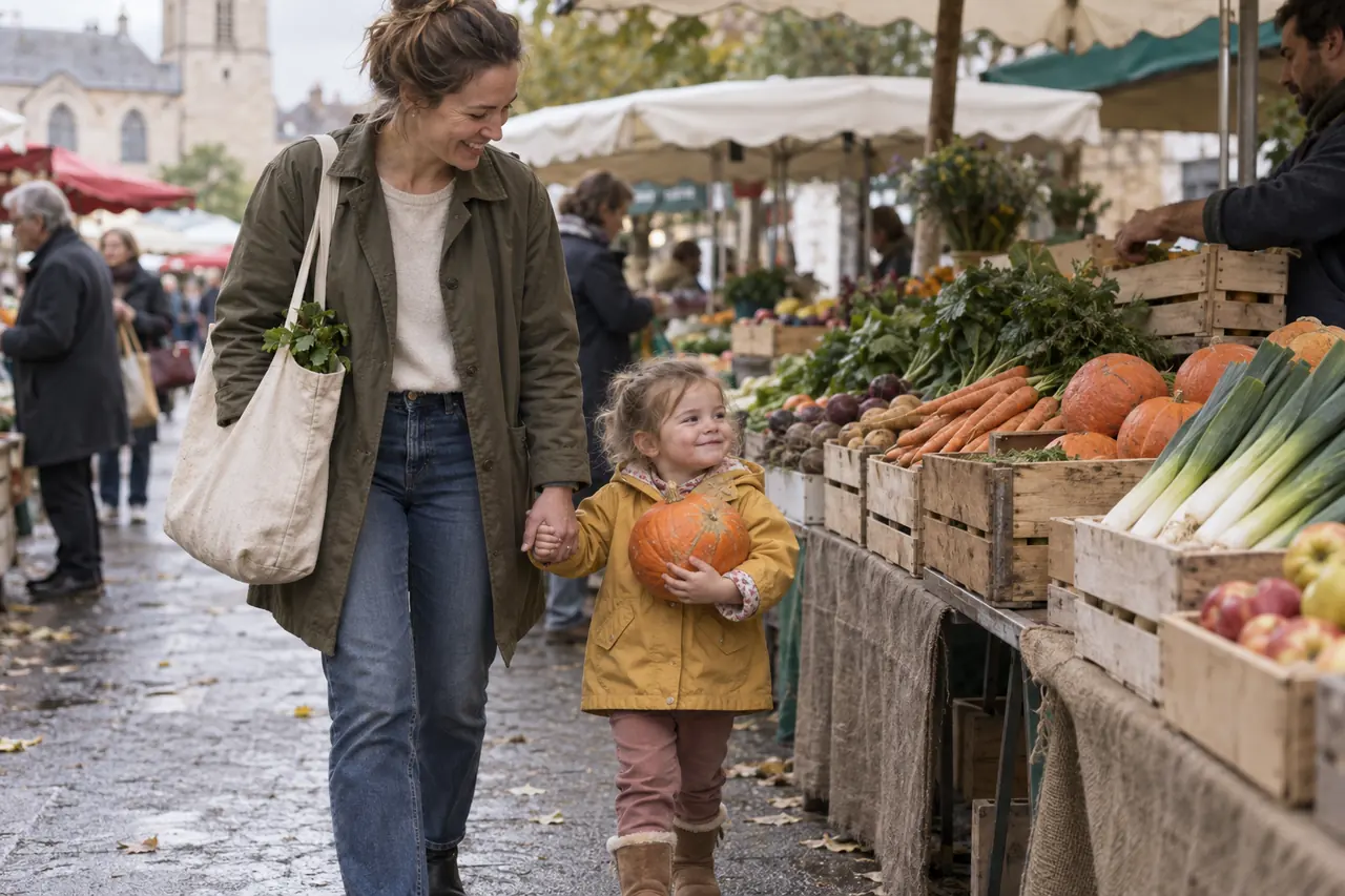 Au marché, une mère et son enfant de 2 ans choisissent des légumes.