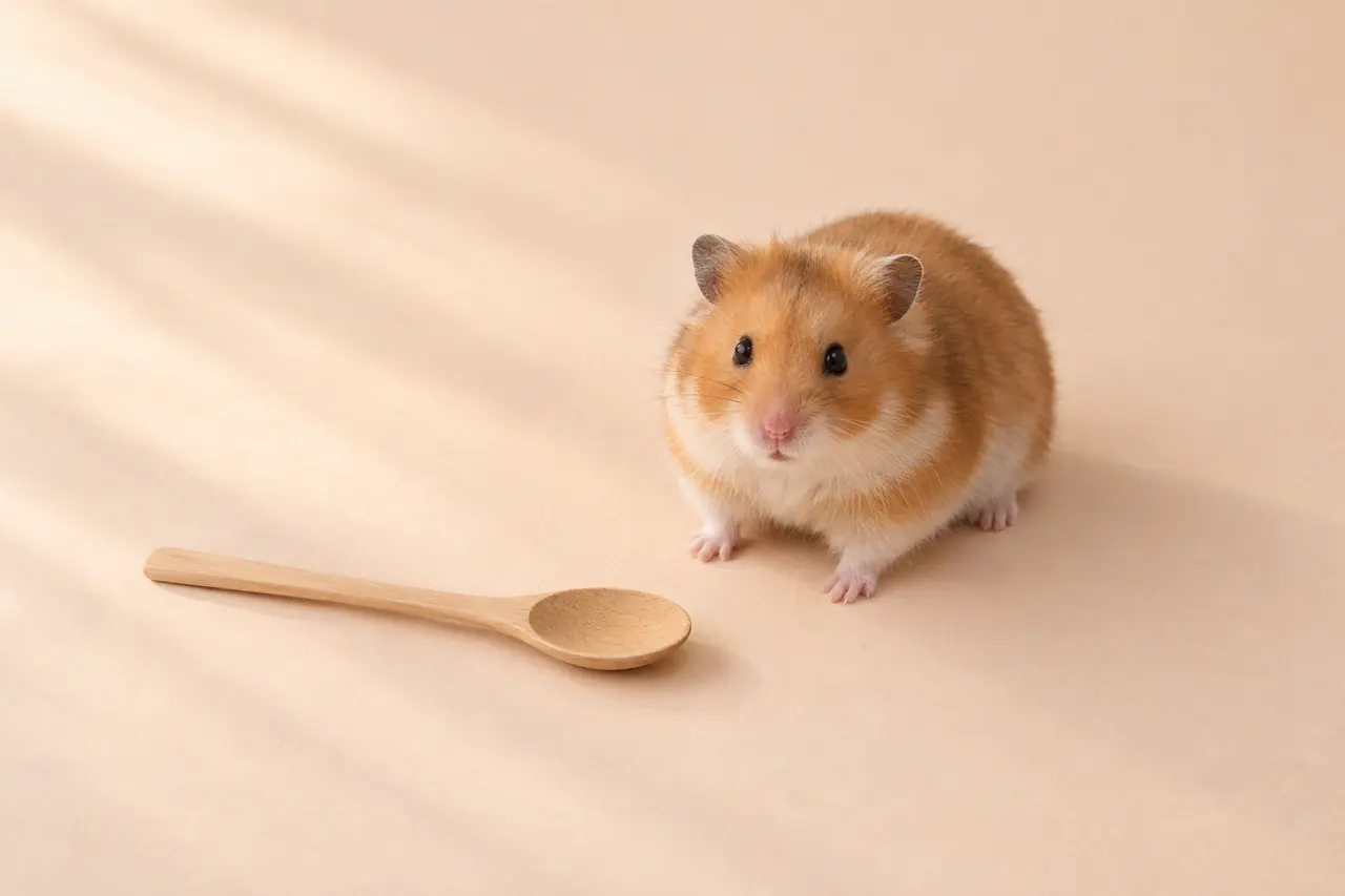 Un hamster doré sur un papier pêche, près d’une petite cuillère en bois.