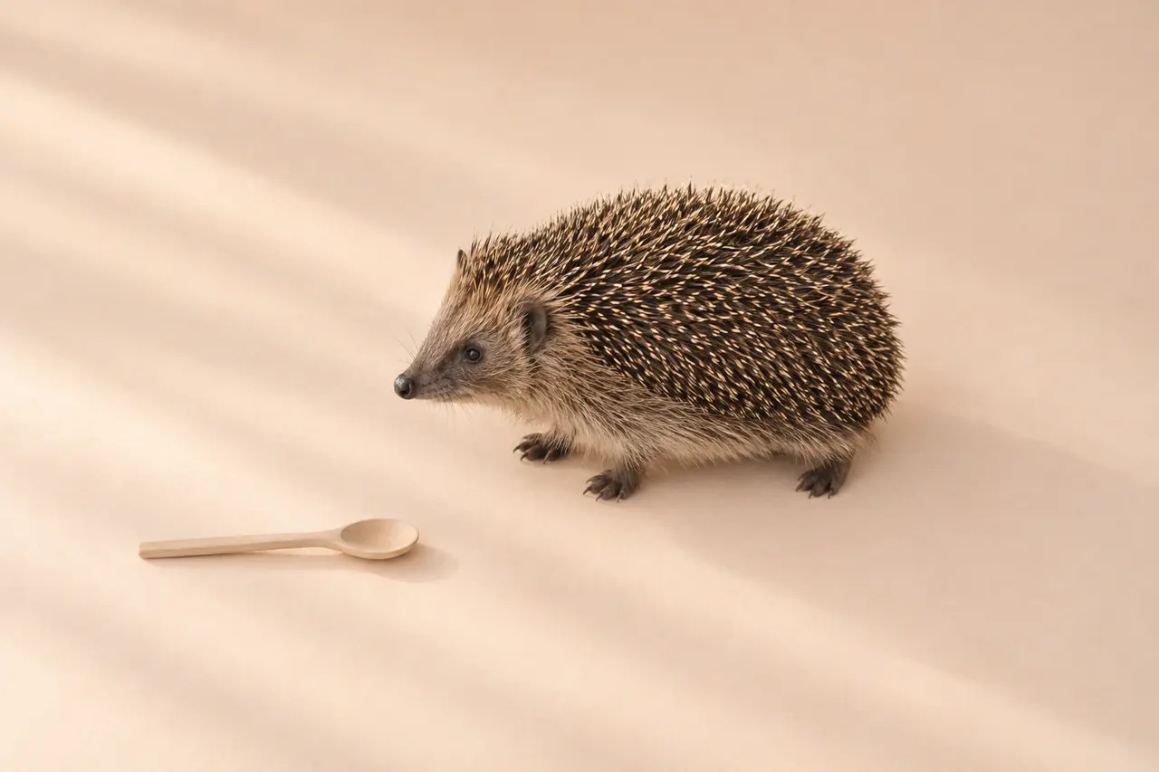 Un hérisson sur un papier pêche, près d’une petite cuillère en bois.