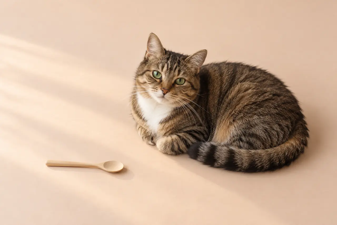 Un chat tigré couché en boule sur un papier pêche, près d’une petite cuillère en bois.