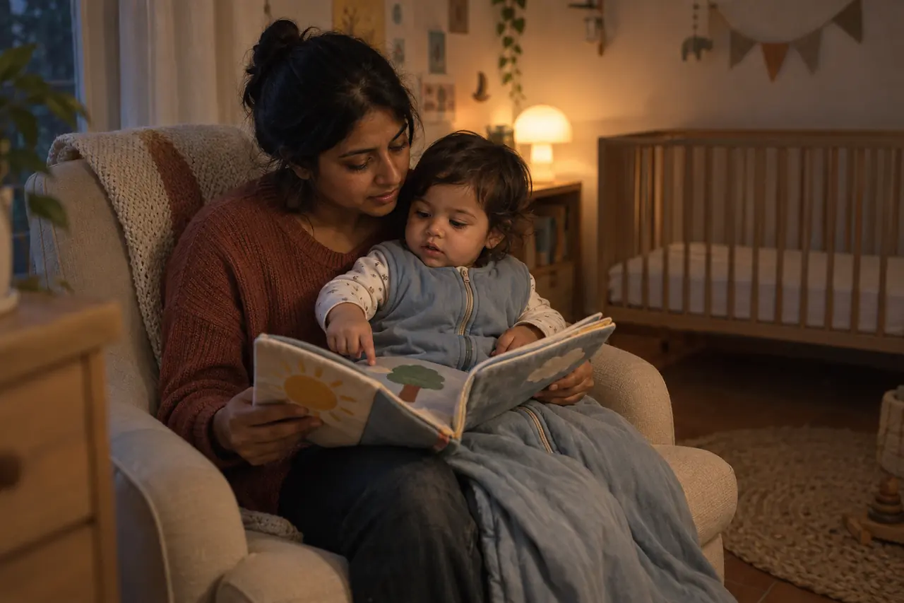Rituel du coucher : une mère lit un livre en tissu à son enfant en turbulette, sur ses genoux, à la lumière d’une petite lampe.